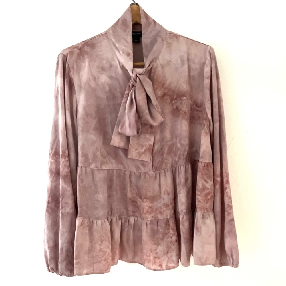 Simply Vera Vera Wang Tie Neck 1/2 Button Front Pink Tiered Peplum Blouse Large